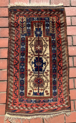 Small little Baluch prayer rug.  42 x 22 inches. Finely woven and light as a feather.  19th century. This is a real prayer rug.  Ex D. Sorgato.   