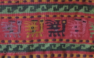 Pre-Columbian, tapestry textile. a.d. 1000 - 1400.  Exceptional color, rare green, strong yellow and deep purple among other beautiful hues. Interesting figures. Far from your typical Chimu textile, this piece is  ...