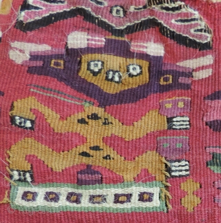 Pre-Columbian, tapestry textile. a.d. 1000 - 1400.  Exceptional color, rare green, strong yellow and deep purple among other beautiful hues. Interesting figures. Far from your typical Chimu textile, this piece is  ...