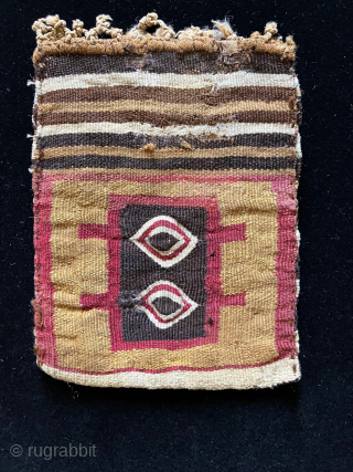 Three small Incan bags.   Rare little group. Largest is 4.25 x 5.25 inches.  The smallest (4.24" x 4") bag features peanut or bean depictions and is tapestry on both  ...