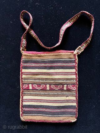 Three small Incan bags.   Rare little group. Largest is 4.25 x 5.25 inches.  The smallest (4.24" x 4") bag features peanut or bean depictions and is tapestry on both  ...