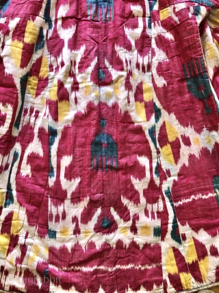 Complete 19th Century Uzbek Man's Ikat Robe. 76 x 56 inches.  Lined with a bold block printed/painted cotton fabric. Padded for insulation this coat is heavy, not a summer coat.   ...