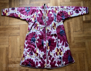 Complete 19th Century Uzbek Man's Ikat Robe. 76 x 56 inches.  Lined with a bold block printed/painted cotton fabric. Padded for insulation this coat is heavy, not a summer coat.   ...