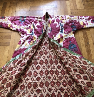 Complete 19th Century Uzbek Man's Ikat Robe. 76 x 56 inches.  Lined with a bold block printed/painted cotton fabric. Padded for insulation this coat is heavy, not a summer coat.   ...