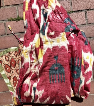 Complete 19th Century Uzbek Man's Ikat Robe. 76 x 56 inches.  Lined with a bold block printed/painted cotton fabric. Padded for insulation this coat is heavy, not a summer coat.   ...