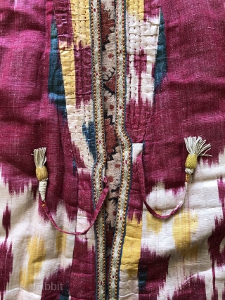 Complete 19th Century Uzbek Man's Ikat Robe. 76 x 56 inches.  Lined with a bold block printed/painted cotton fabric. Padded for insulation this coat is heavy, not a summer coat.   ...