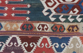 Early Anatolian Kilim Fragment.  Beautiful green ground panel with a bold, vigorous design. The colors are all very nice and the condition is good.  This piece is easy to display  ...