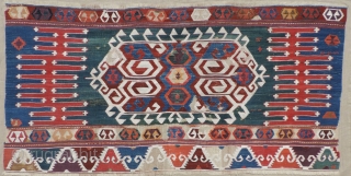 Early Anatolian Kilim Fragment.  Beautiful green ground panel with a bold, vigorous design. The colors are all very nice and the condition is good.  This piece is easy to display  ...