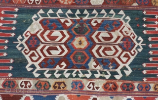 Early Anatolian Kilim Fragment.  Beautiful green ground panel with a bold, vigorous design. The colors are all very nice and the condition is good.  This piece is easy to display  ...