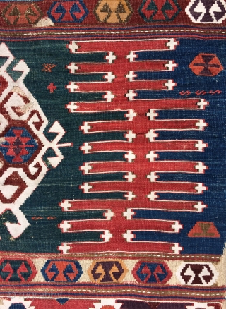 Early Anatolian Kilim Fragment.  Beautiful green ground panel with a bold, vigorous design. The colors are all very nice and the condition is good.  This piece is easy to display  ...