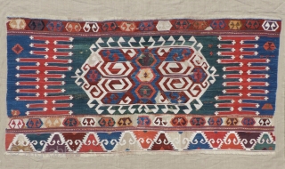 Early Anatolian Kilim Fragment.  Beautiful green ground panel with a bold, vigorous design. The colors are all very nice and the condition is good.  This piece is easy to display  ...