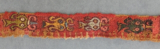 Pre-Columbian narrow textile bands.  Three different weaves - three different cultures. Top: Wari Culture pile headband with alternating profile heads of feline and Harpy Eagle imagery - 19 x 1.5 inches.  ...