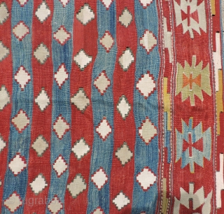 South Central Anatolian Kilim.  Unusual overall design of repeating stepped diamond forms. All dyes natural. Scattered good quality reweaving - mostly along outer edges - completes the picture.  This is  ...