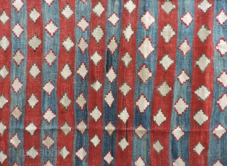 South Central Anatolian Kilim.  Unusual overall design of repeating stepped diamond forms. All dyes natural. Scattered good quality reweaving - mostly along outer edges - completes the picture.  This is  ...