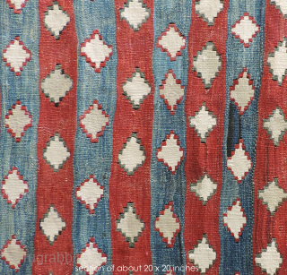 South Central Anatolian Kilim.  Unusual overall design of repeating stepped diamond forms. All dyes natural. Scattered good quality reweaving - mostly along outer edges - completes the picture.  This is  ...
