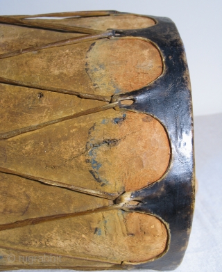 Native American cottonwood drum with original beater. 19th Century, Cochiti Pueblo, New Mexico.  An old, well made example with ceremonial paint remnants still visible. Unlike most old Native American drums this  ...