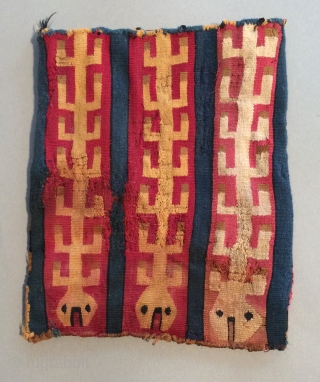 Pre-Columbian Bag. A.D. 400 - 800. This textile displays a highly unusual image that is reminiscent of fish bones.  The indigo blue is beautiful and uncommon as a ground color.   ...