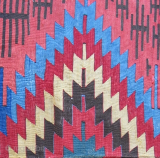 Anatolian Kilim. 1st half of the 19th century. Large scale, simple, bold design with all good dyes. Complete with some 30 year old minor restoration work done states-side - see details.   ...