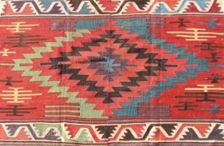 Anatolian Kilim. 1st half of the 19th century. Large scale, simple, bold design with all good dyes. Complete with some 30 year old minor restoration work done states-side - see details.   ...