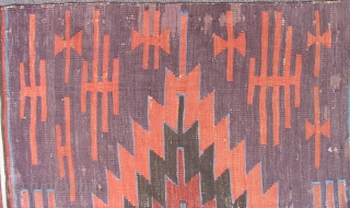 Anatolian Kilim. 1st half of the 19th century. Large scale, simple, bold design with all good dyes. Complete with some 30 year old minor restoration work done states-side - see details.   ...