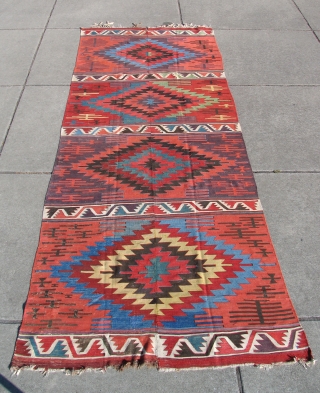 Anatolian Kilim. 1st half of the 19th century. Large scale, simple, bold design with all good dyes. Complete with some 30 year old minor restoration work done states-side - see details.   ...