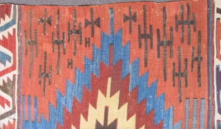 Anatolian Kilim. 1st half of the 19th century. Large scale, simple, bold design with all good dyes. Complete with some 30 year old minor restoration work done states-side - see details.   ...