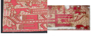 Spectacular large complete Chimu panel.  25 x 68 inches. This super rare Chimu textile has a strong graphic quality and real impact.  It features what appear to be monkeys, coatimundi,  ...