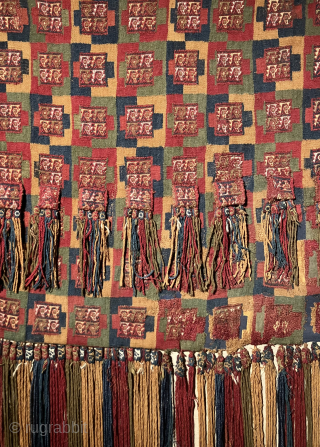 Impressively large pre-Columbian coca bag.  44 x 24.5 inches!  This is a classic Chuquibamba designed bag with nine pockets. AD 1000 - 1475.  I have taken to calling it"  ...