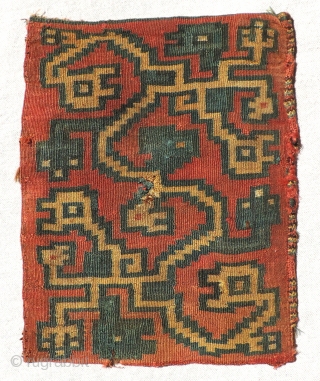 Fine Pre-Columbian tapestry bag. Nasca Culture A.D. 400 - 800. Stylized interlaced zoomorphic figures.  Size: 7 x 9 inches.             