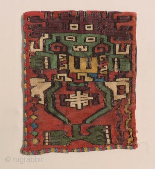 Early Nasca tapestry fragment with human figures.  Re-purposed into a small bag. Great color and iconography.  Size: 8.5 x 7 inches.          