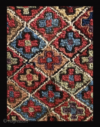 Mind altering color! This Moghan or Shahsevan bag face in an extra wrap wrapping technique is over the top in beautiful color and lustrous wool.  Pure poetry.  Missing its lower  ...