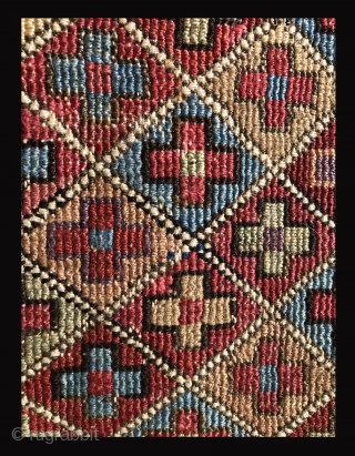 Mind altering color! This Moghan or Shahsevan bag face in an extra wrap wrapping technique is over the top in beautiful color and lustrous wool.  Pure poetry.  Missing its lower  ...