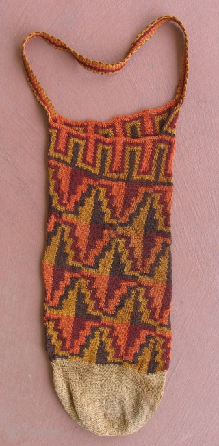 Pre-Columbian Sihuas Pouch, Peru, 100 BC - 400 AD. Very unusual design and coloration for the type.  8 x 22 inches. I have several other bags from this area and time  ...