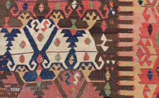 Early Anatolian Kilim Fragment.  First quarter of 19th century or before.  Size 128 x 41 inches.  Nice old piece with good color, a sturdy handle and early imagery.   ...