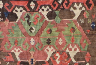 Early Anatolian Kilim Fragment.  First quarter of 19th century or before.  Size 128 x 41 inches.  Nice old piece with good color, a sturdy handle and early imagery.   ...