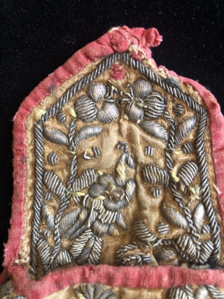 One of a kind small Colonial period pouch. Bolivia or Peru. 18th century possibly earlier. Silver wrapped silk thread embroidery on a silk velvet ground that shows a Spanish (Europeanized) idealization of  ...