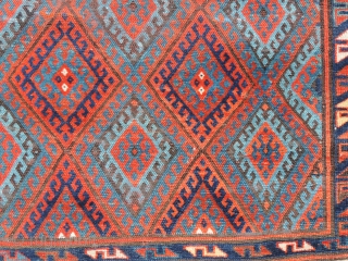 Jaff Kurd rug in hooked diamond lattice design. Most often seen in bags this is a familiar Jaff Kurd design layout.  Rugs of this type are far less common than bags  ...