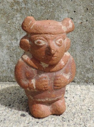 Pre-Columbian Mochi Ceramic Figure.  A.D. 100 - 800.  Rare, small guardian figure with immense charisma and charm. There is something very special about this little being.  Traces of the  ...