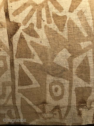 Fragment of Pre-Columbian painted textile. Evocative imagery. A.D. 500 - 900. Size: 33 x 29 inches (mounted)
                