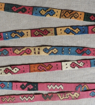 Pre-Columbian Tapestry Strip. Made as either a belt or head wrap.  Nasca Culture, A.D. 200 - 600.  Amazing colors and condition.  Escher-like interlocked  design. This is a very  ...