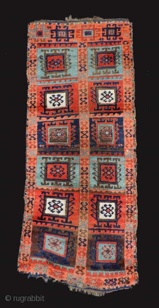 Eastern Anatolian compartment rug with hooked medallions. 1st quarter of the  19th century.  Bold design and color with distinctive apricot and light blue/green leaning towards turquoise.  It has beautiful  ...