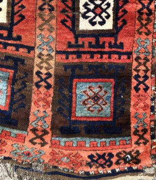 Eastern Anatolian compartment rug with hooked medallions. 1st quarter of the  19th century.  Bold design and color with distinctive apricot and light blue/green leaning towards turquoise.  It has beautiful  ...