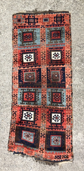 Eastern Anatolian compartment rug with hooked medallions. 1st quarter of the  19th century.  Bold design and color with distinctive apricot and light blue/green leaning towards turquoise.  It has beautiful  ...