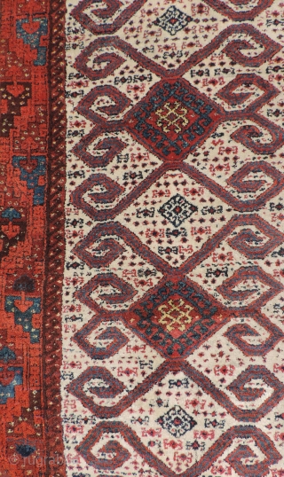 Unique Anatolian white ground pile carpet with an adopted kilim-like design.  It is from the 19th century, possibly made by Turkmen weavers in Eastern Anatolia.  This rug was likely made  ...