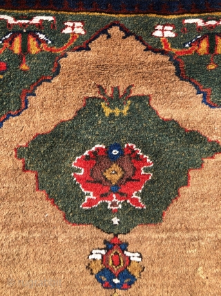 This is a very good, lush, old Kurdish rug of the 19th century. It has full pile throughout with a beautiful natural camel hair field. Great colors including very interesting shades of  ...