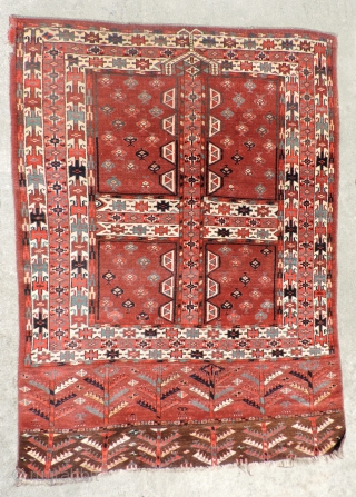 Yomud Turkmen Engsi.  19th century.  Good dyes and  pile throughout. White marker knots along the axis of the rug.   Size: 70 x 51 inches.     ...