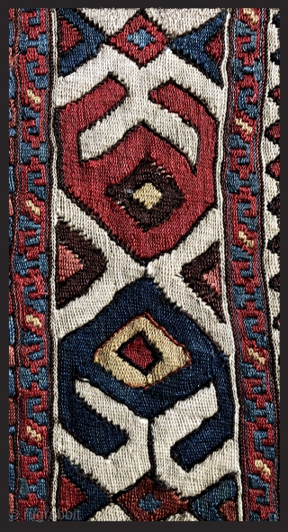 Rare and old, this "weftless sumak" (simple weft-wrapping) bag face is fine and exceptional. The colors and patina are beautiful and the subtle, sculpted-like surface that is inherent to so-called "weftless "structures  ...