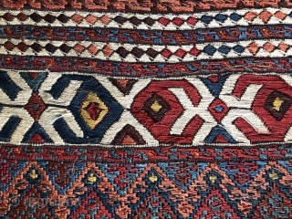 Rare and old, this "weftless sumak" (simple weft-wrapping) bag face is fine and exceptional. The colors and patina are beautiful and the subtle, sculpted-like surface that is inherent to so-called "weftless "structures  ...