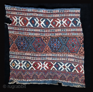 Rare and old, this "weftless sumak" (simple weft-wrapping) bag face is fine and exceptional. The colors and patina are beautiful and the subtle, sculpted-like surface that is inherent to so-called "weftless "structures  ...