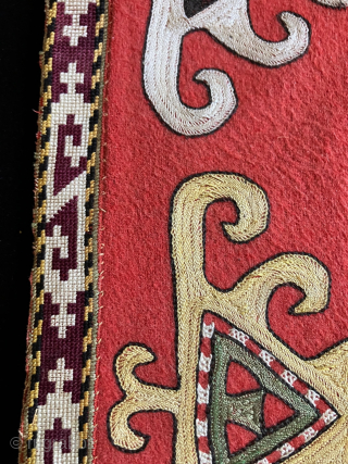 Classic late 19th century Lakai embroidered okbash (kap ilgich) - sometimes referred to as a "shield bag". Very finely worked embroidery and good colors. The tassels were probably added later. Such hangings  ...